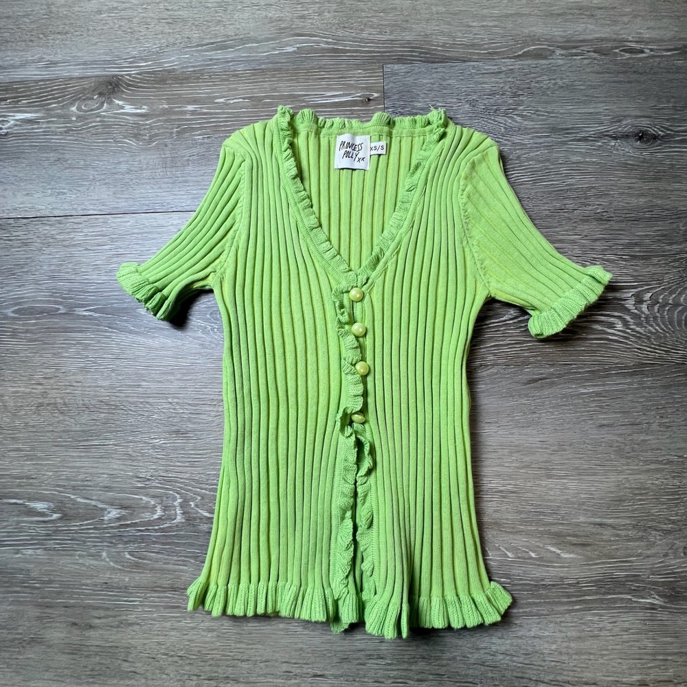 Princess Polly Cardigan Womens XS/S Lime Green‎ Ribbed Ruffle Short Sleeve Top